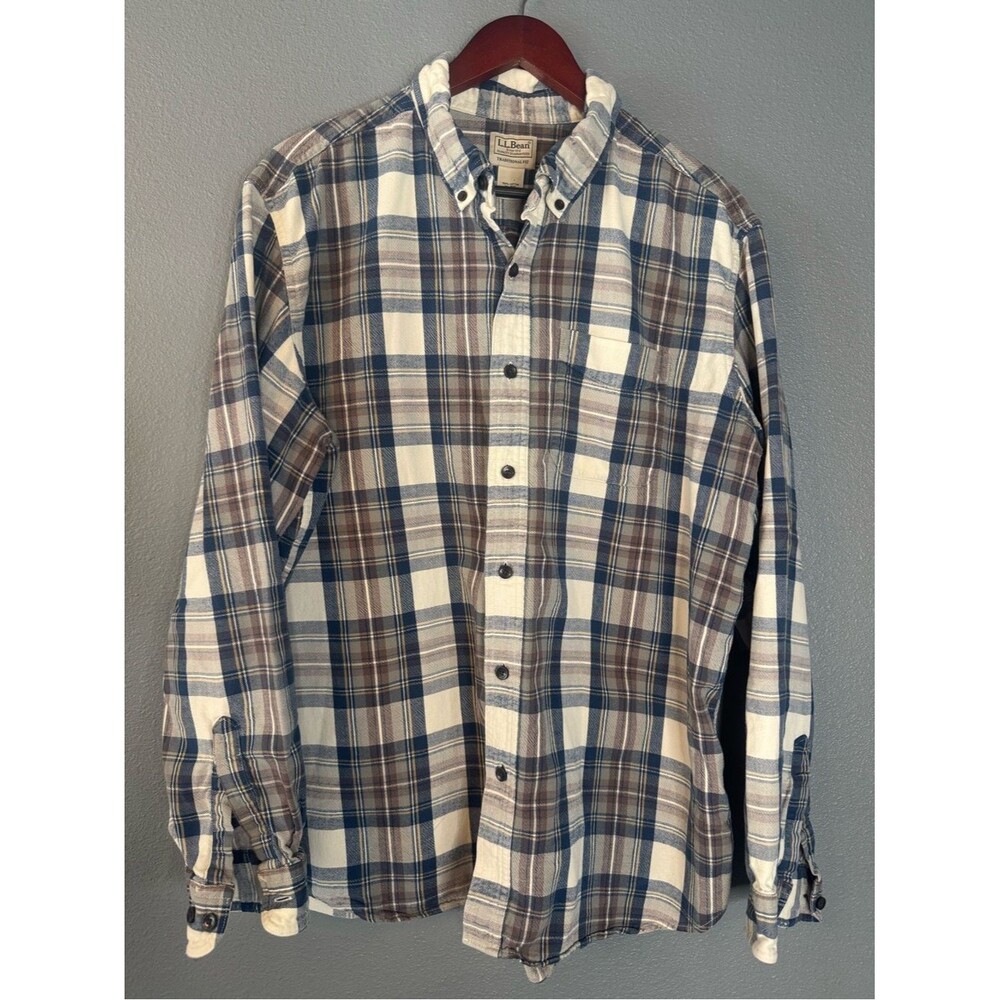 LL Bean Men’s XL Traditional Fit Plaid Flannel Shirt Blue Brown White Cotton